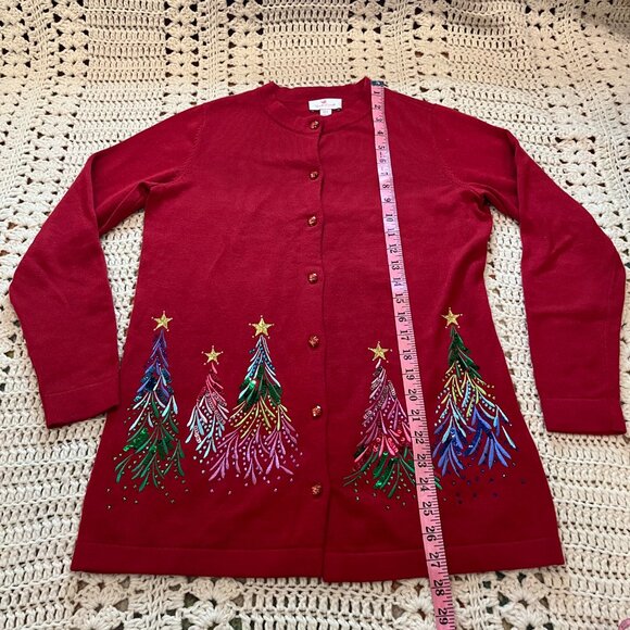 Quacker Factory Red Embroidered Sequin & Stud Tree Button Front Cardigan XXS - Picture 8 of 9